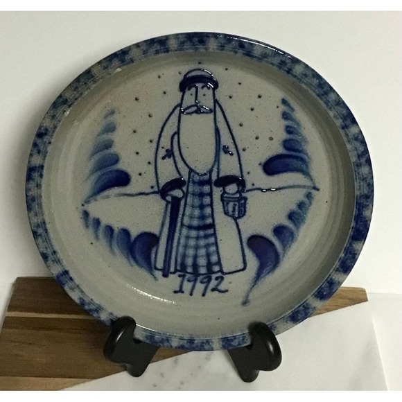 Rowe Pottery Works Other - Rowe Pottery Works 1992 Santa Claus Salt Glaze Stoneware Plate Blue Cobalt 10in
